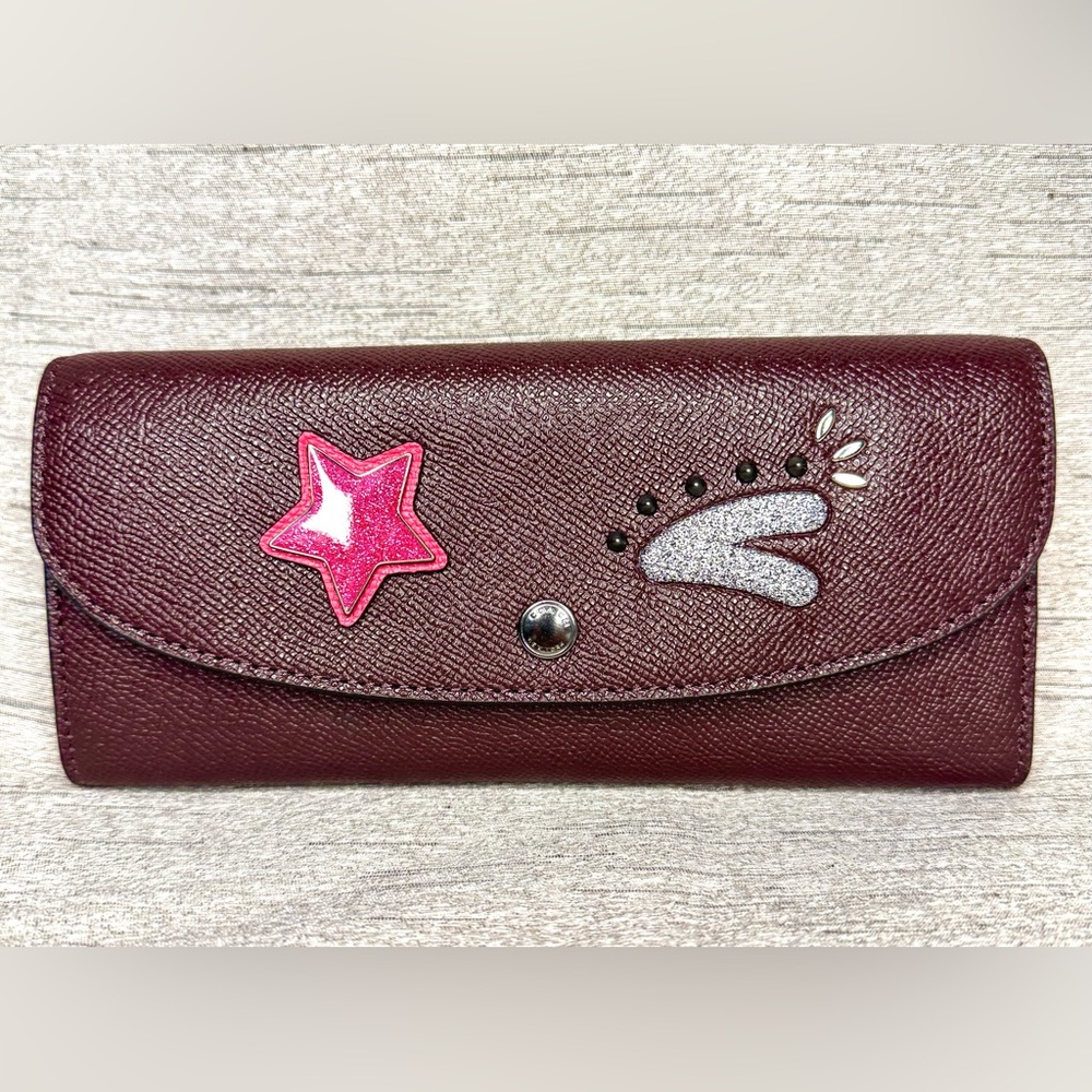 Coach Slim Envelope Leather Wallet w/ a Bear Pink Star & Winking face - 8” x 4”